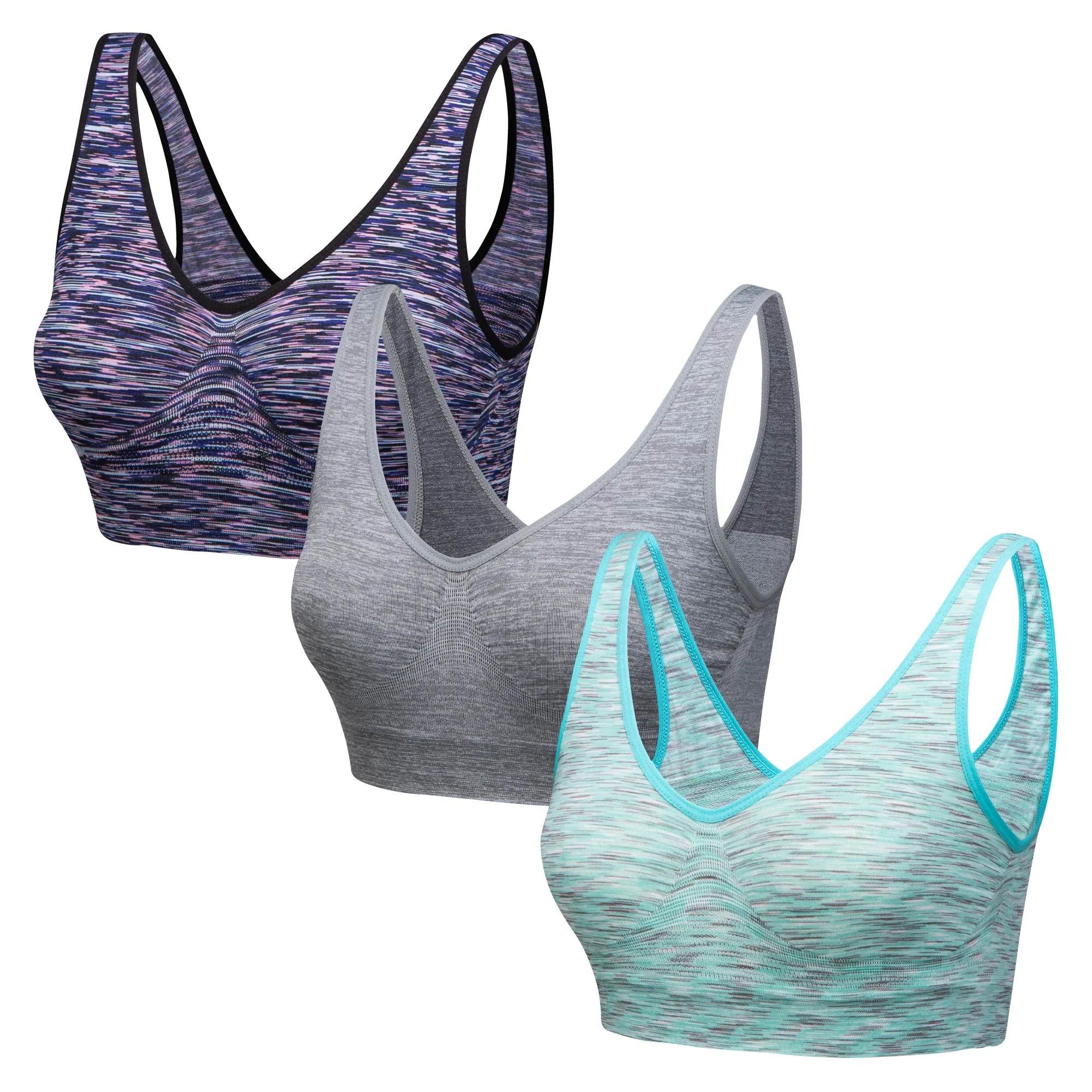 3 Pack Comfort Marl Seamless Bras - Black/ Purple/ Pink