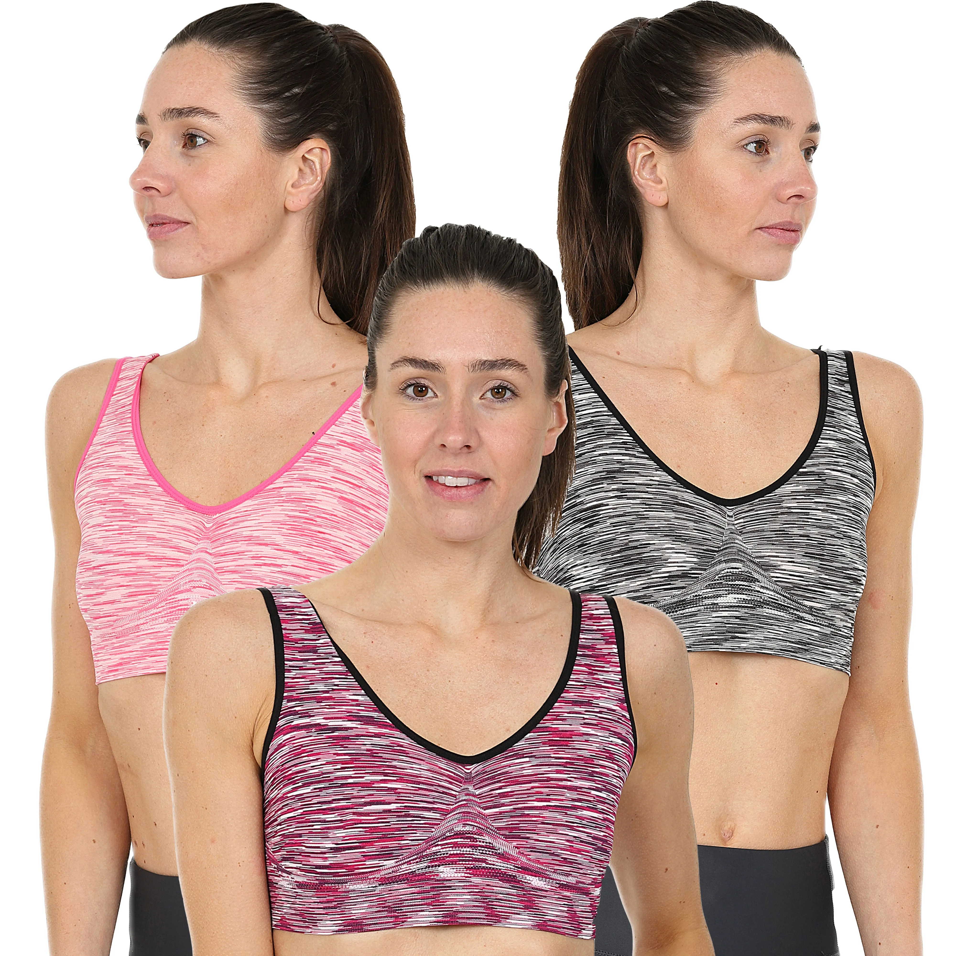 3 Pack Comfort Marl Seamless Bras - Black/ Purple/ Pink