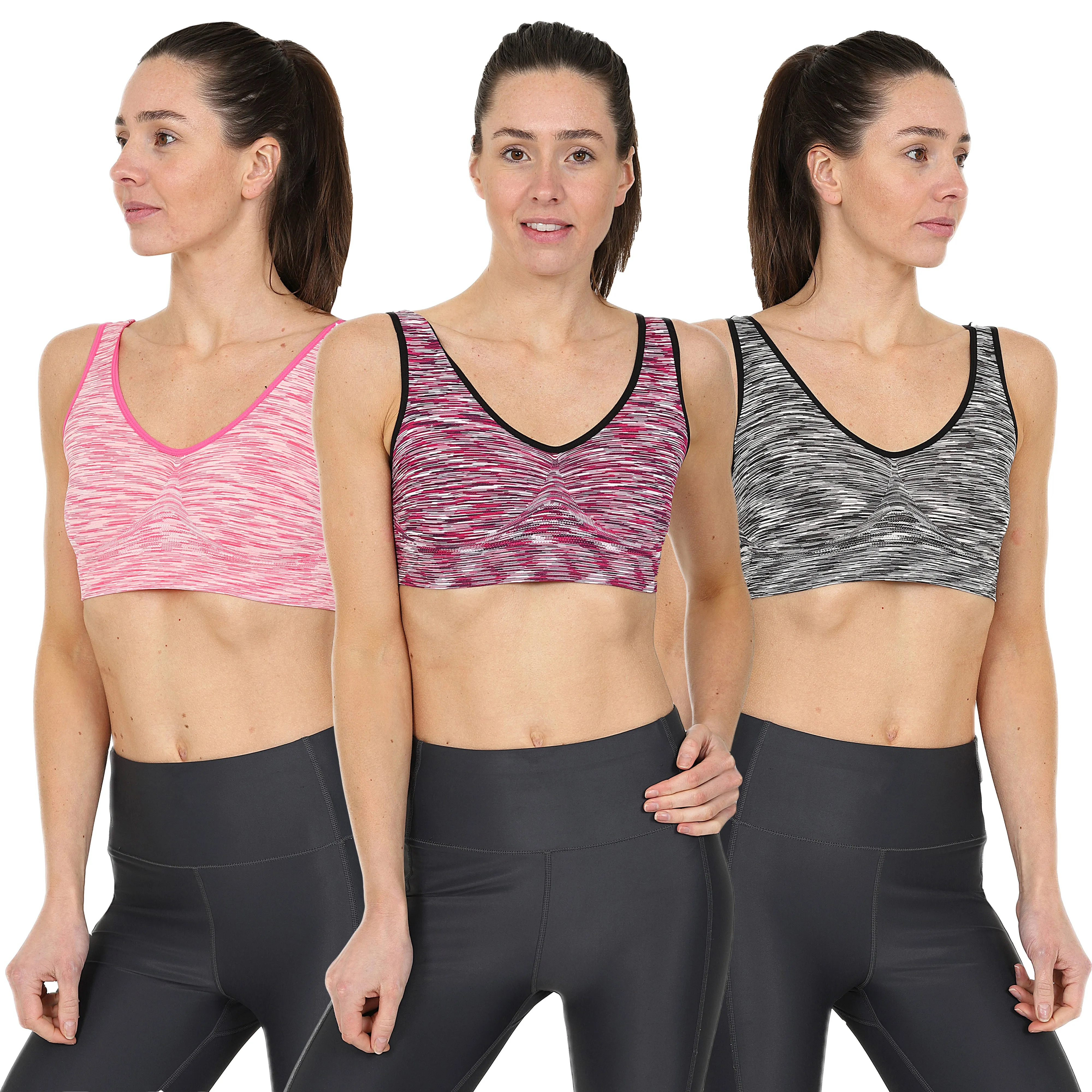 3 Pack Comfort Marl Seamless Bras - Black/ Purple/ Pink