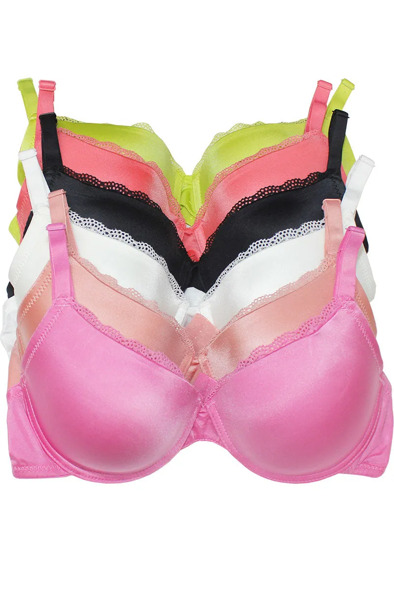 32517 6 Piece Lightly Padded, Underwire Support Satin Lace Trim Coverage Bra B/C Cup C01