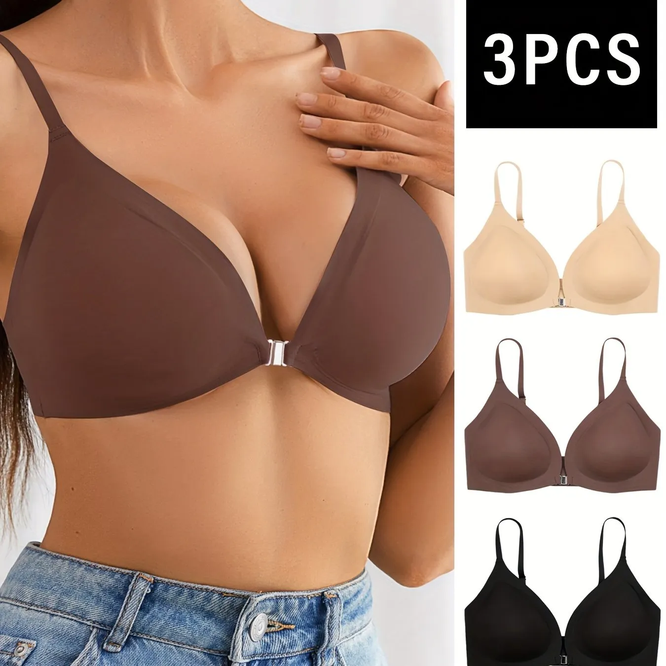 3pcs Seamless Solid Wireless Bras, Comfy & Breathable Front Buckle Push Up Bra, Women's Lingerie & Underwear