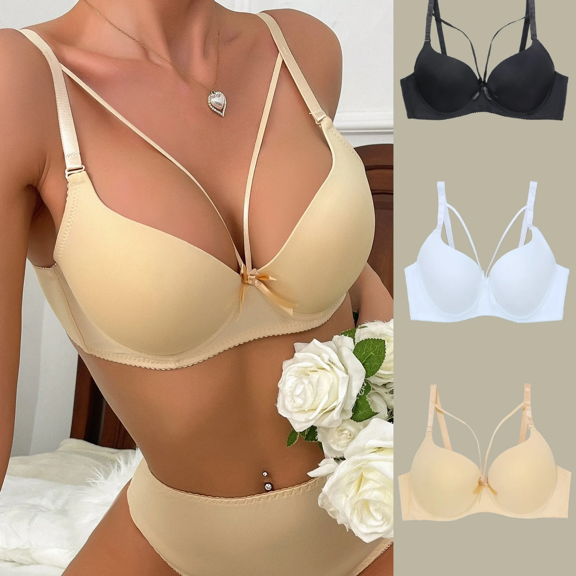 3pcs Women's Simple Solid Seamless Bow Strappy Push Up Underwire Bra - Comfy & Breathable