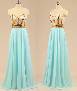 A Line Sweetheart Neck Chiffon Long Light Green Prom Dresses, Light Green Evening Dresses With Golden Lines