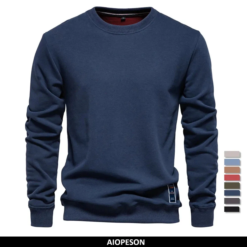 AIOPESON Cotton-Blend Men's Crew Neck Solid Color Sweatshirt