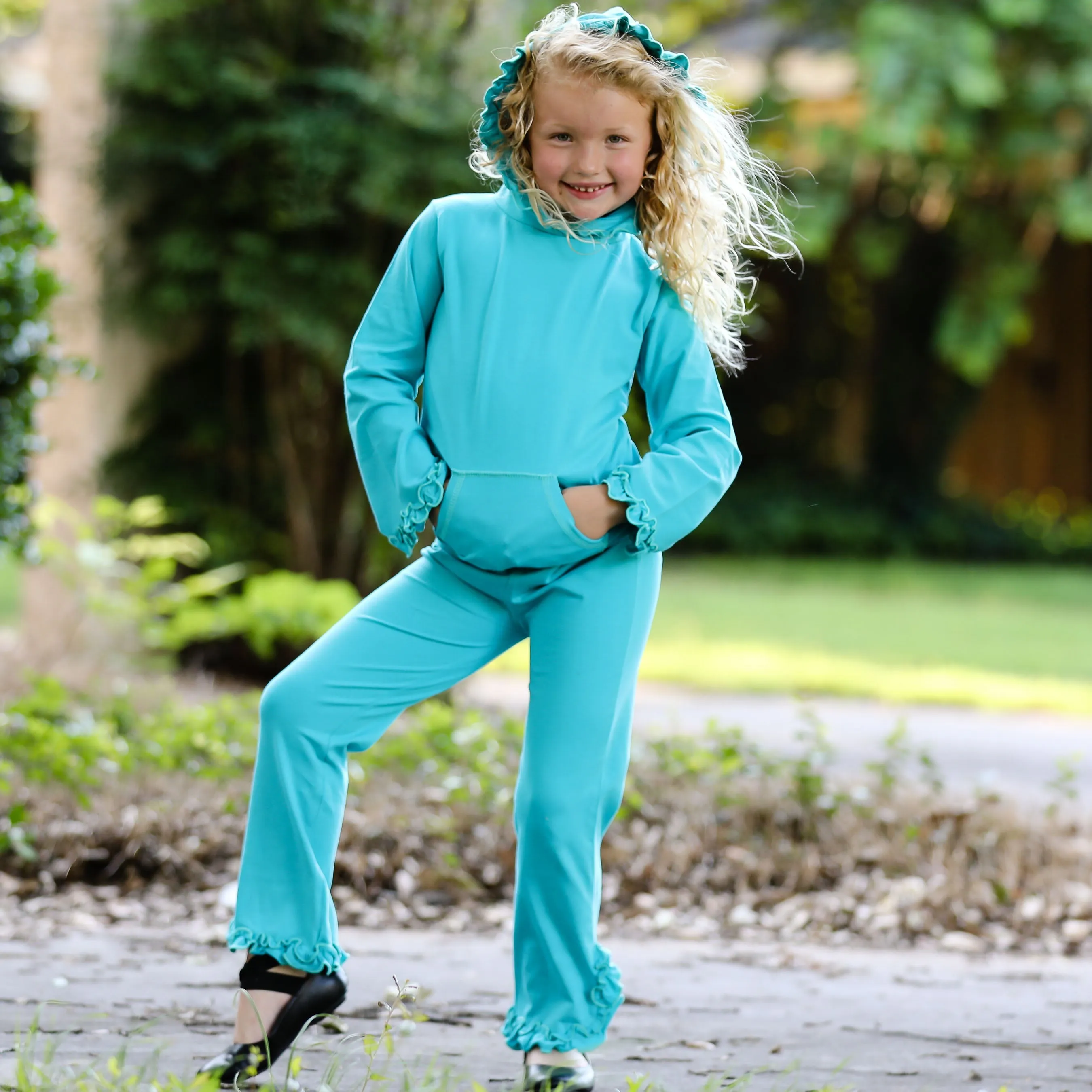 AnnLoren Girls Blue Ruffle Hoodie 2 Pc Fashion Track Suit