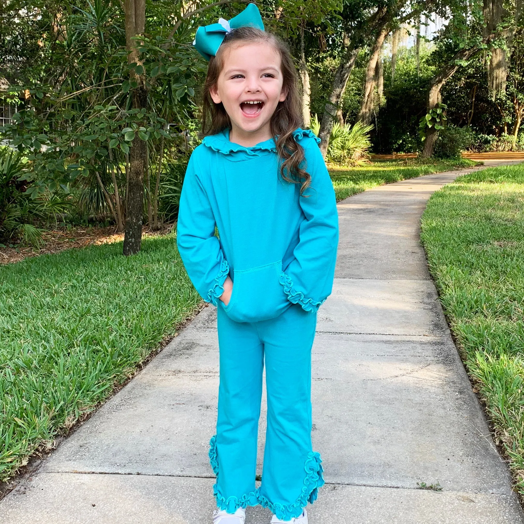 AnnLoren Girls Blue Ruffle Hoodie 2 Pc Fashion Track Suit