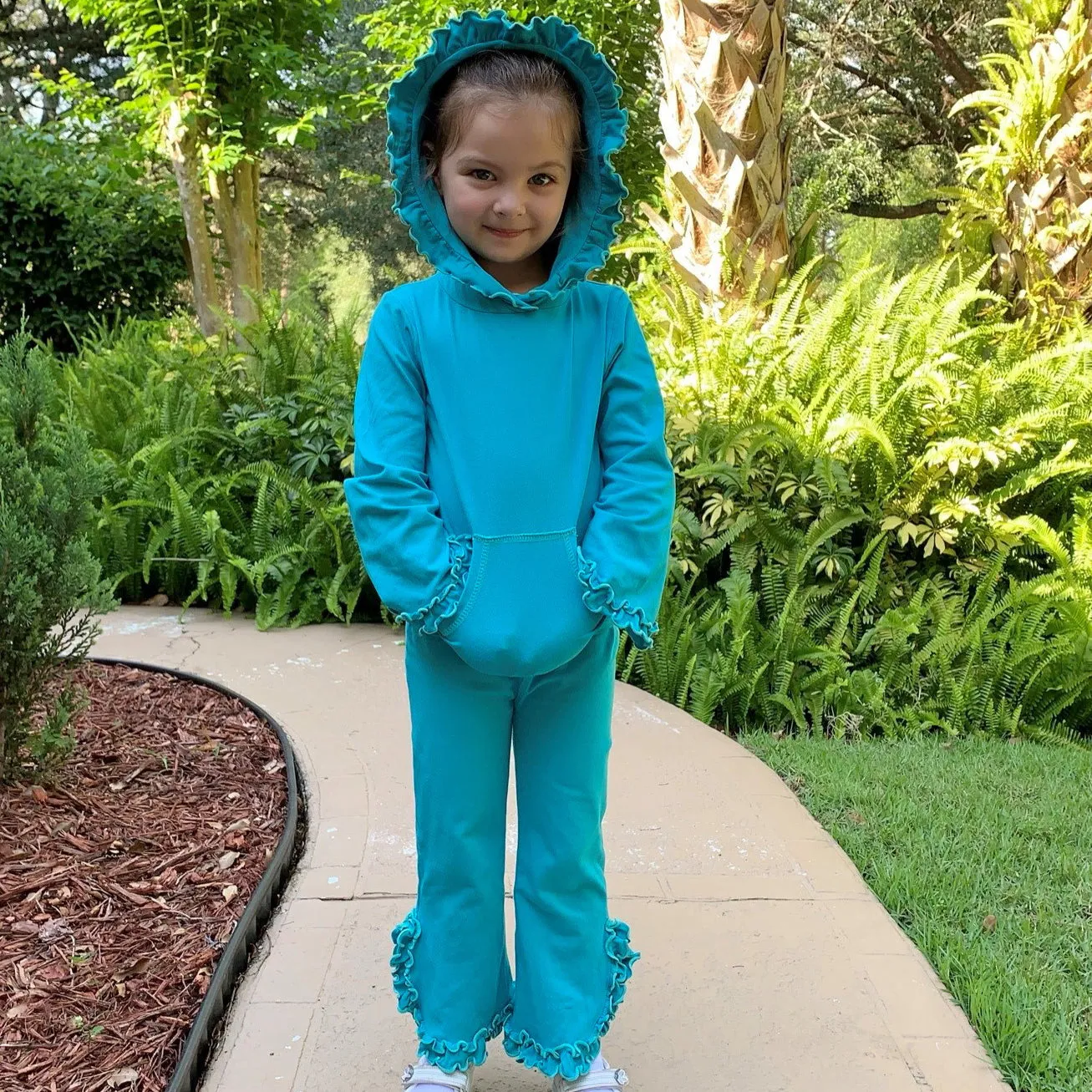 AnnLoren Girls Blue Ruffle Hoodie 2 Pc Fashion Track Suit