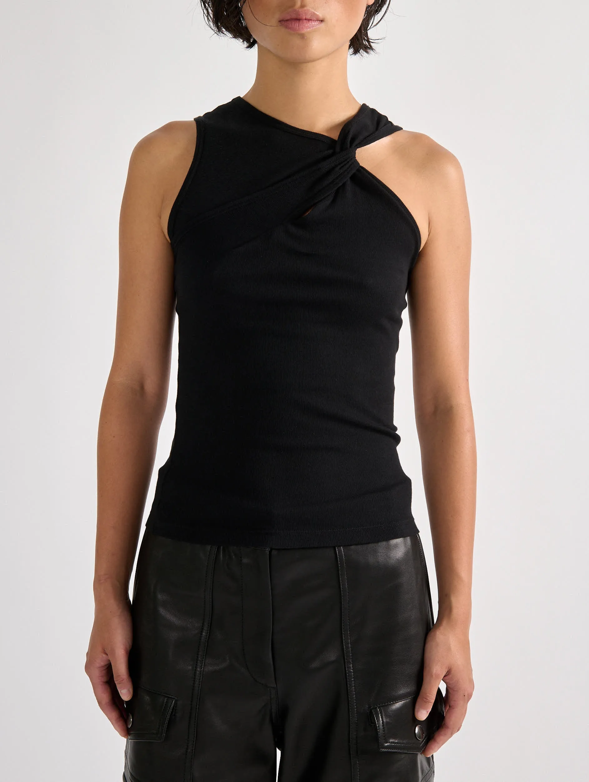 Asymmetric drapé tee-shirt in black ribbed jersey