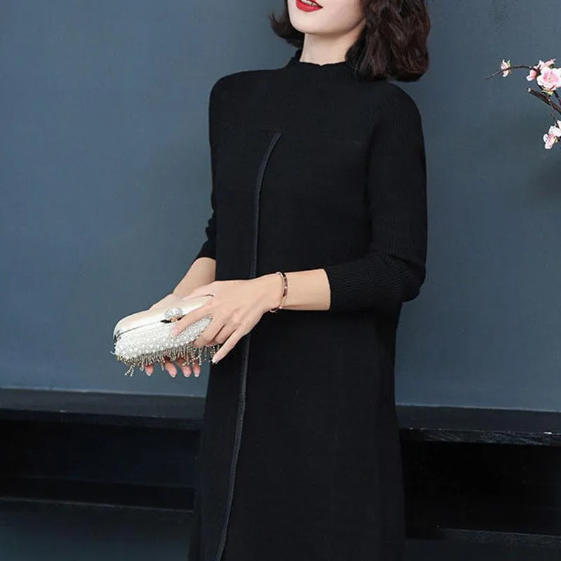 Autumn and Winter Knitted Long Dress Over The Knee Loose Clothes Large Size Base Skirt Pure Color Simple Female Sweater Dress
