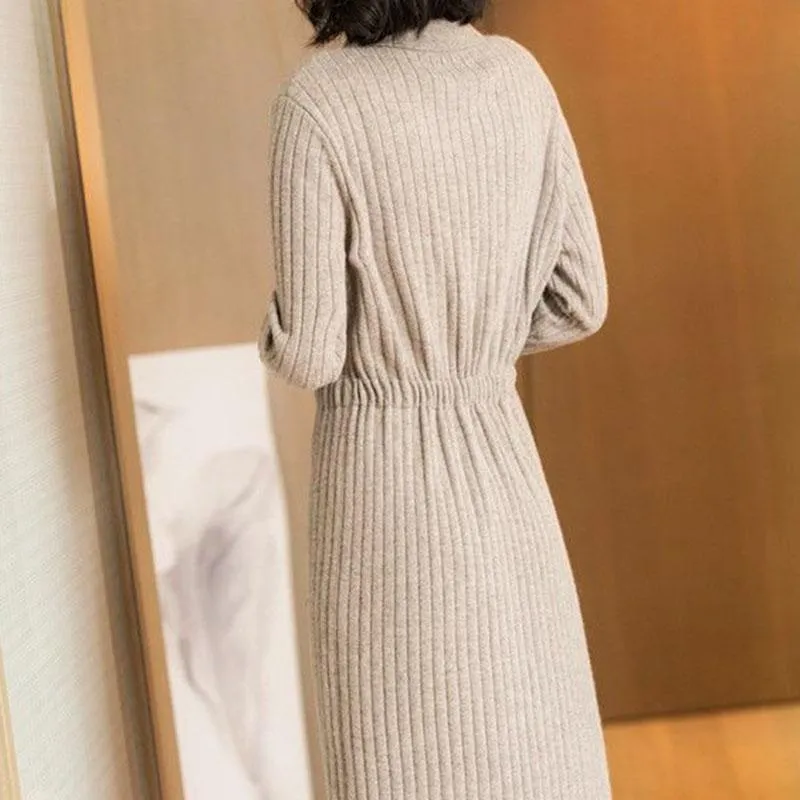 Autumn and Winter Long Over-the-knee Sweater Dress Long-sleeved Knitted Fashion Base Dress Casual Solid Color Women's Sweater Dress