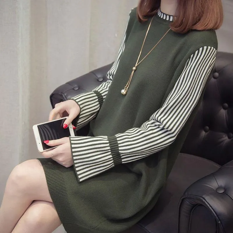 Autumn and Winter Loose Fashion Sweater Dress Mid-length Trumpet Sleeve Pullover Base Skirt Simple Casual Women Sweater Dress