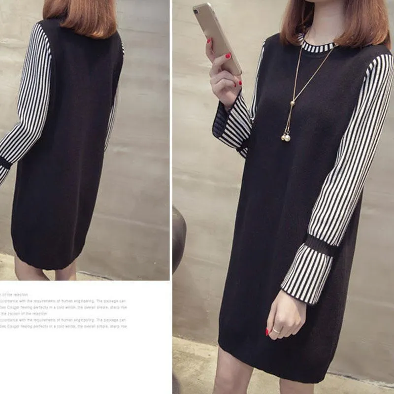 Autumn and Winter Loose Fashion Sweater Dress Mid-length Trumpet Sleeve Pullover Base Skirt Simple Casual Women Sweater Dress