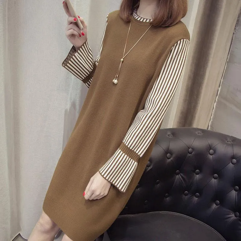Autumn and Winter Loose Fashion Sweater Dress Mid-length Trumpet Sleeve Pullover Base Skirt Simple Casual Women Sweater Dress