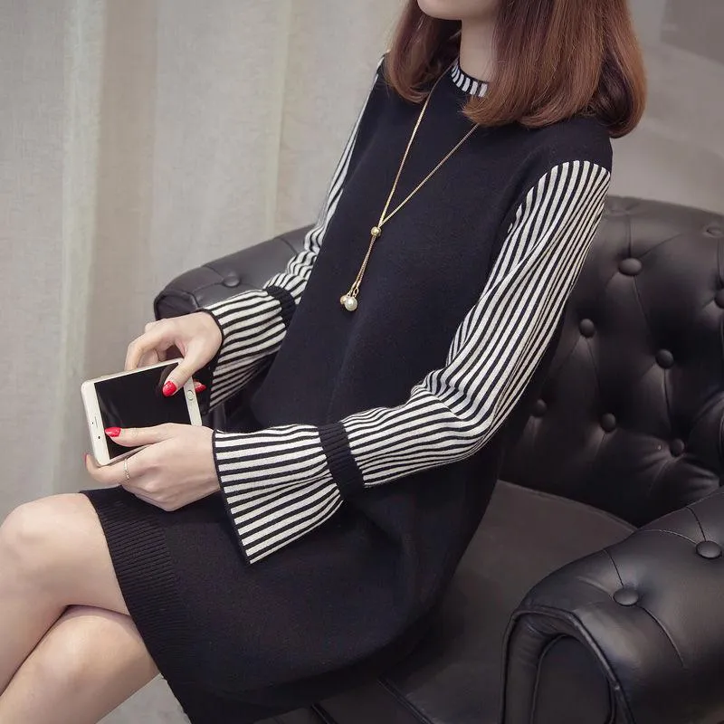 Autumn and Winter Loose Fashion Sweater Dress Mid-length Trumpet Sleeve Pullover Base Skirt Simple Casual Women Sweater Dress