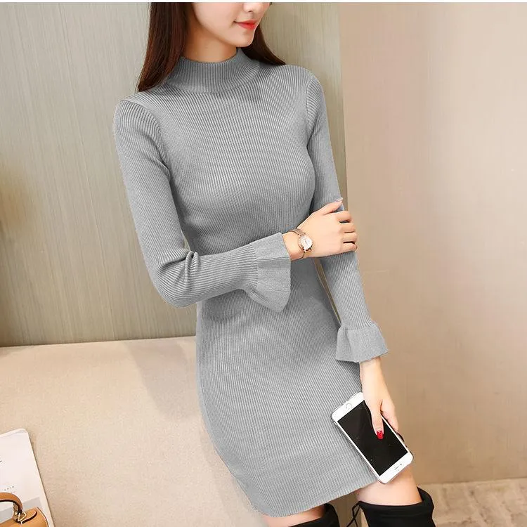 Autumn and Winter Mid-length Knit Sweater Women Wild Korean Pullover Slim Sweater Long Sleeve Hip Dress