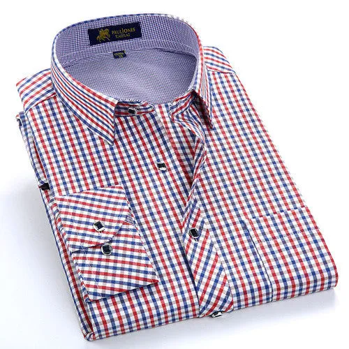 Autumn Men's Long Sleeve Small Plaid Pattern Dress Shirt Fine Thin Cotton Blend Fabric Regular Fit Business Formal Shirts
