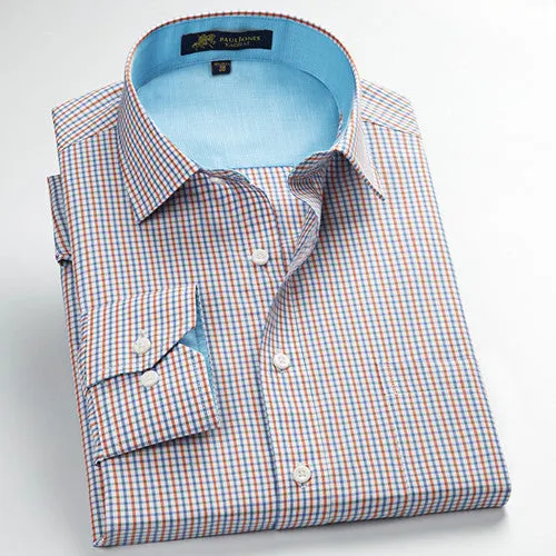 Autumn Men's Long Sleeve Small Plaid Pattern Dress Shirt Fine Thin Cotton Blend Fabric Regular Fit Business Formal Shirts