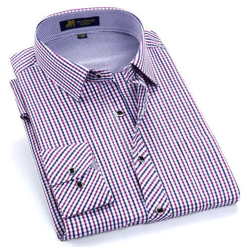 Autumn Men's Long Sleeve Small Plaid Pattern Dress Shirt Fine Thin Cotton Blend Fabric Regular Fit Business Formal Shirts