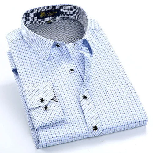 Autumn Men's Long Sleeve Small Plaid Pattern Dress Shirt Fine Thin Cotton Blend Fabric Regular Fit Business Formal Shirts