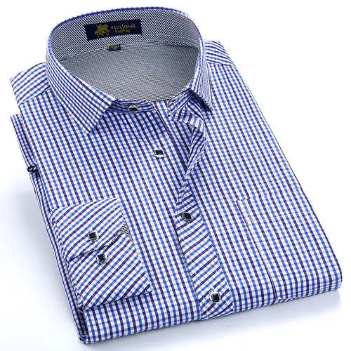 Autumn Men's Long Sleeve Small Plaid Pattern Dress Shirt Fine Thin Cotton Blend Fabric Regular Fit Business Formal Shirts