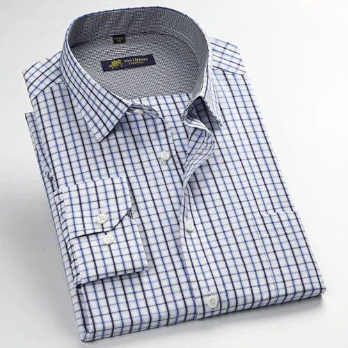 Autumn Men's Long Sleeve Small Plaid Pattern Dress Shirt Fine Thin Cotton Blend Fabric Regular Fit Business Formal Shirts