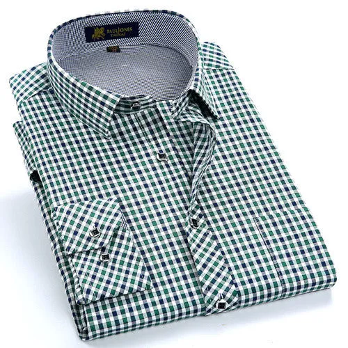 Autumn Men's Long Sleeve Small Plaid Pattern Dress Shirt Fine Thin Cotton Blend Fabric Regular Fit Business Formal Shirts