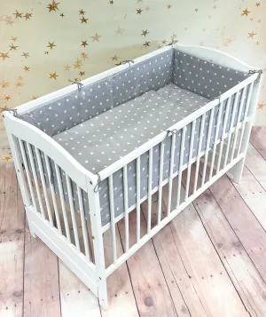 Baby Bedding Set 5pc 140x70cm All-round Bumper Fit Cot bed 100% Cotton Small White On Grey