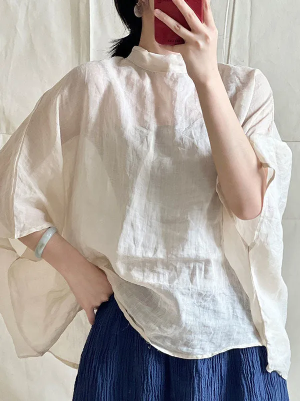 Batwing Sleeves Loose Lace-Up See-Through Solid Color Stand Collar Shirts Tops