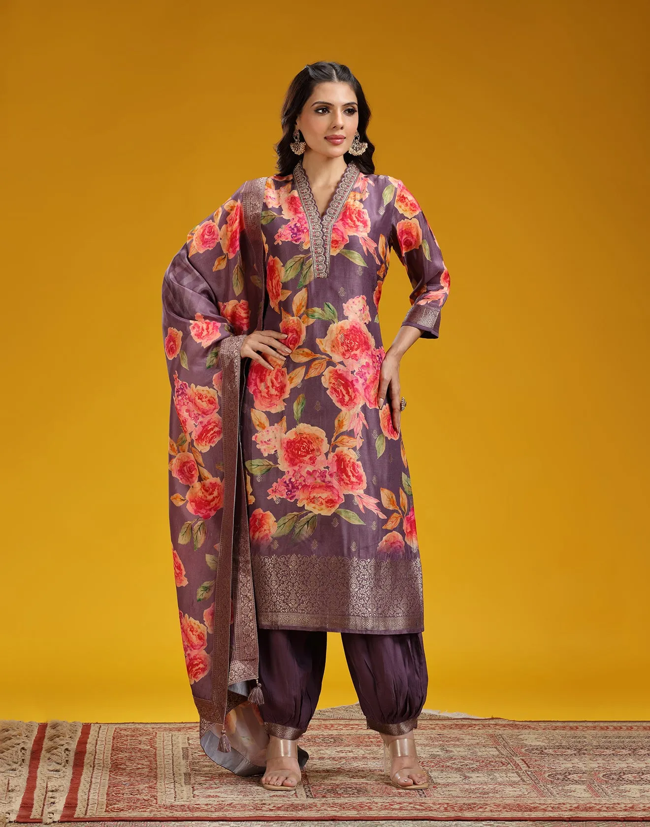 Berry Plum Floral Printed Kurta Set