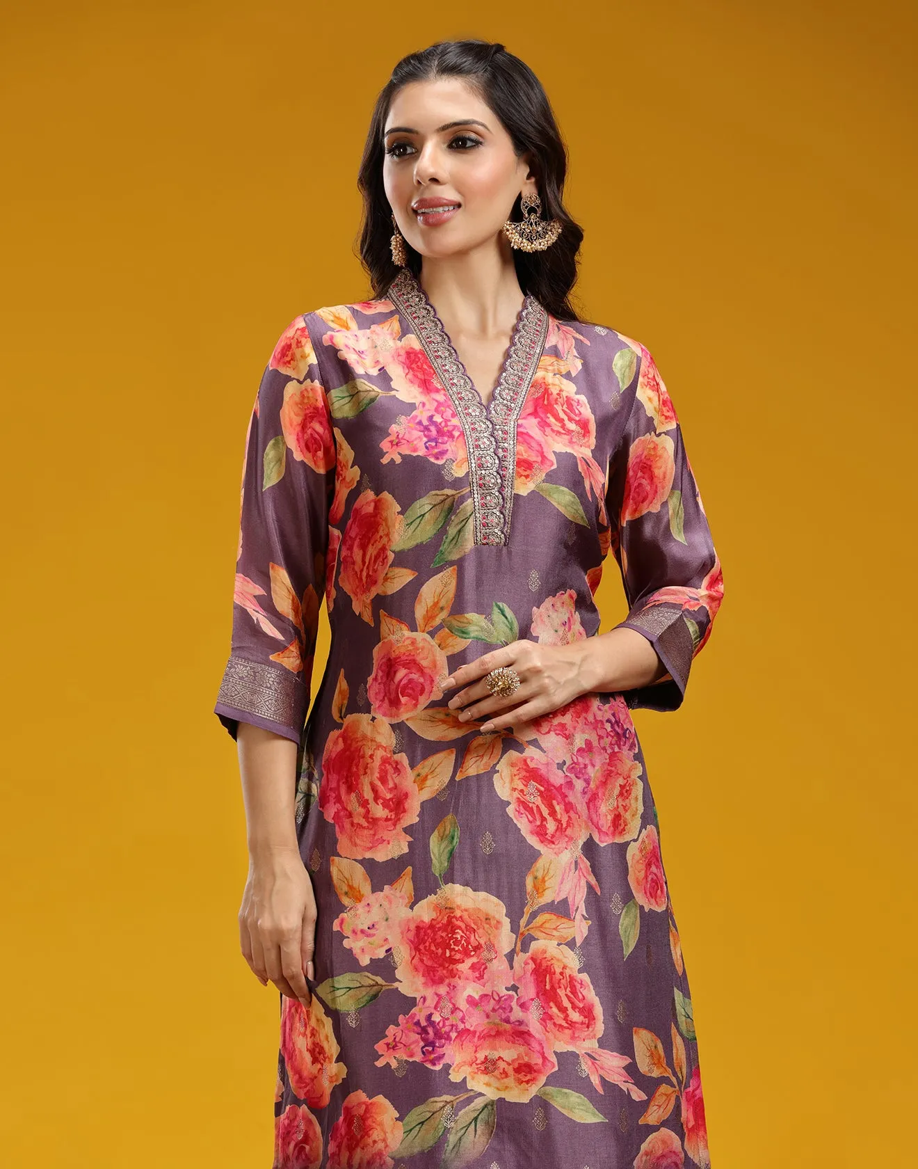 Berry Plum Floral Printed Kurta Set
