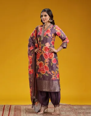 Berry Plum Floral Printed Kurta Set