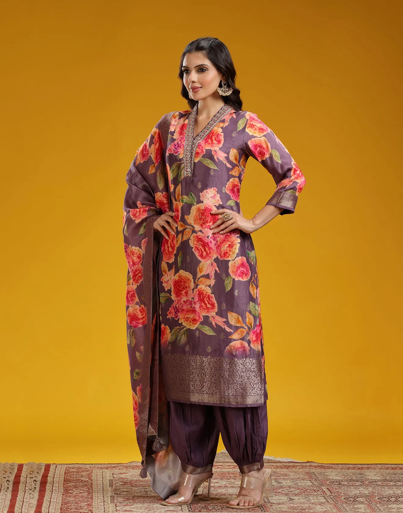 Berry Plum Floral Printed Kurta Set