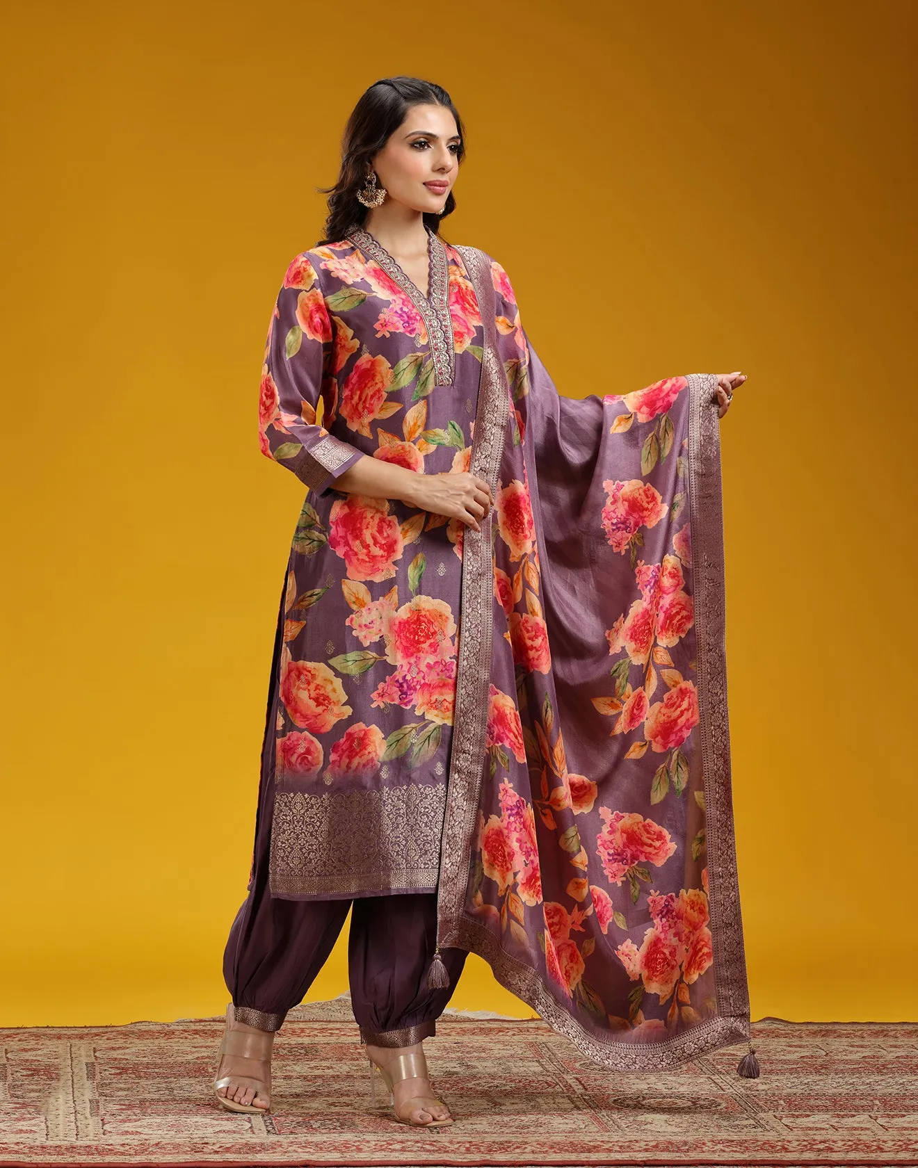 Berry Plum Floral Printed Kurta Set