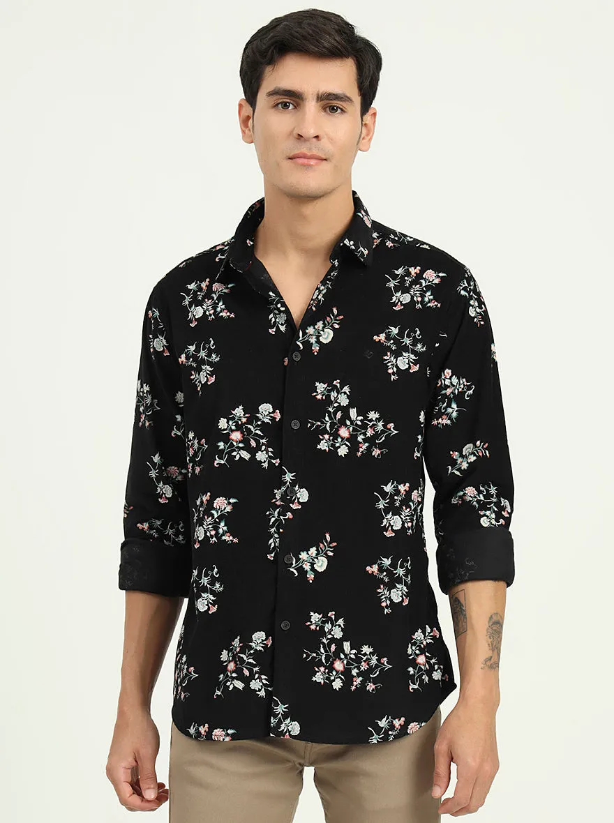 Black Printed Slim Fit Casual Shirt | Greenfibre