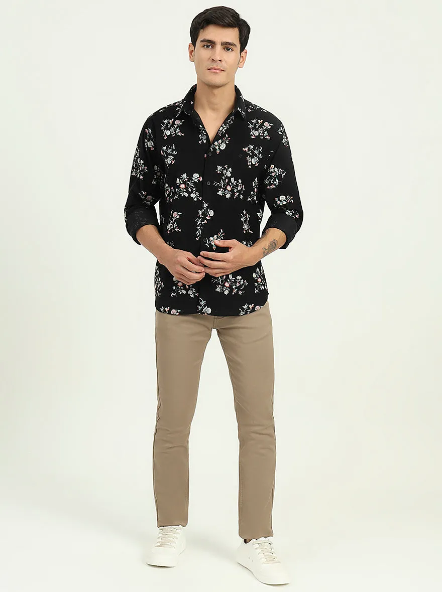 Black Printed Slim Fit Casual Shirt | Greenfibre