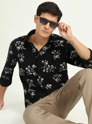 Black Printed Slim Fit Casual Shirt | Greenfibre