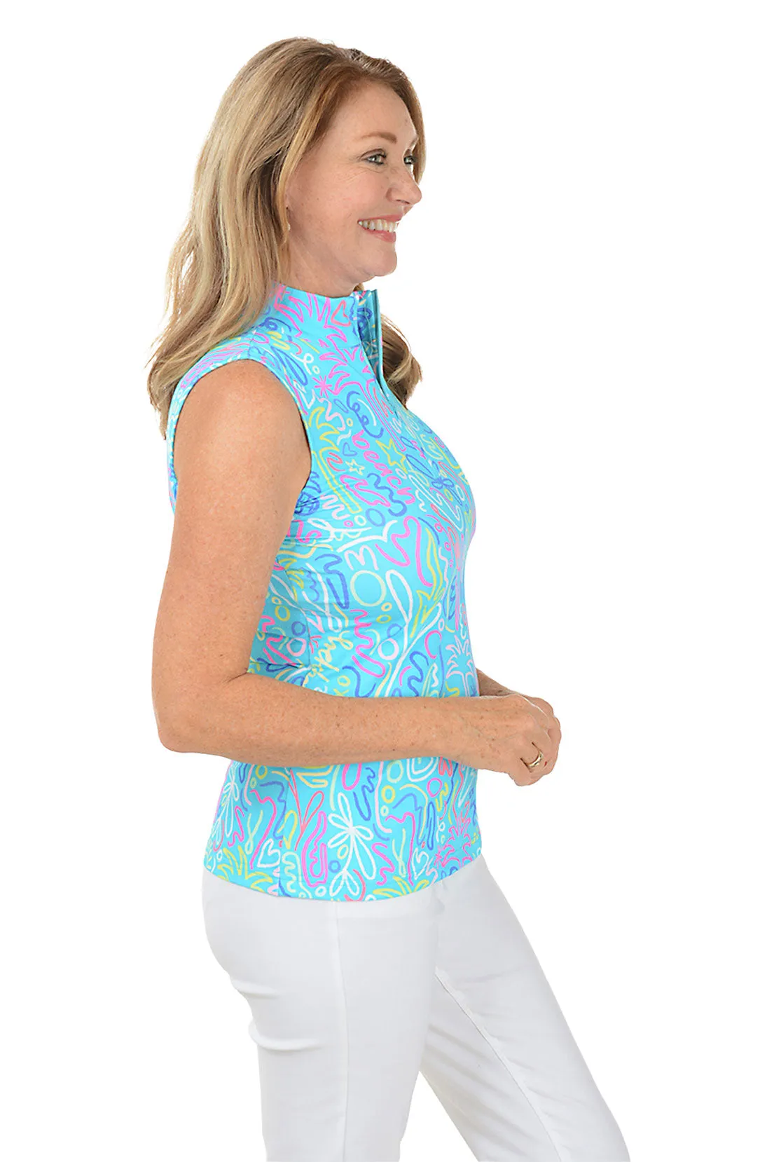 Blue Beach Drawings Cooling UPF50  Sleeveless Zip Top