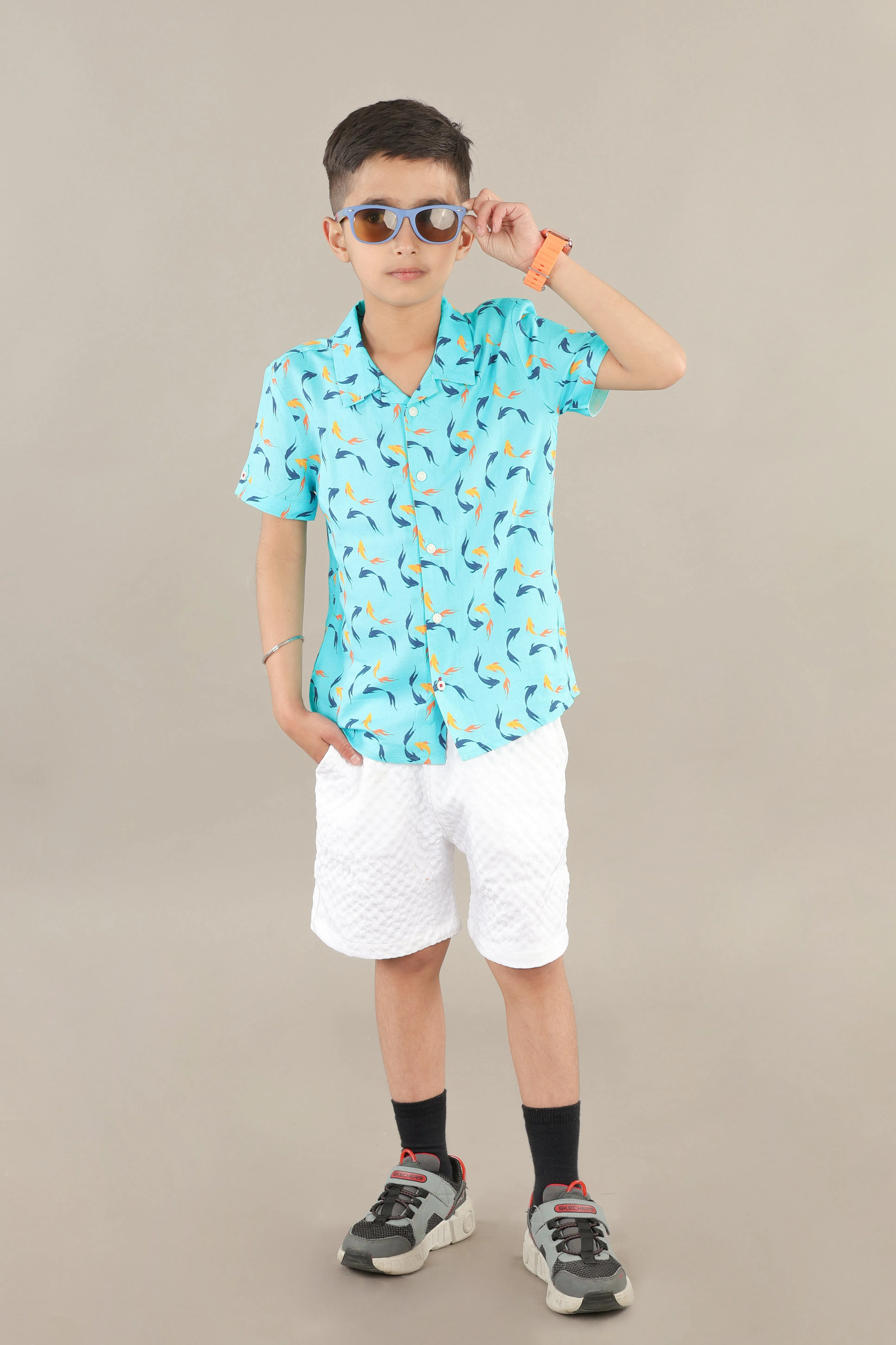 Boys Nishikigoi Fish Printed Shirt Turquoise Blue