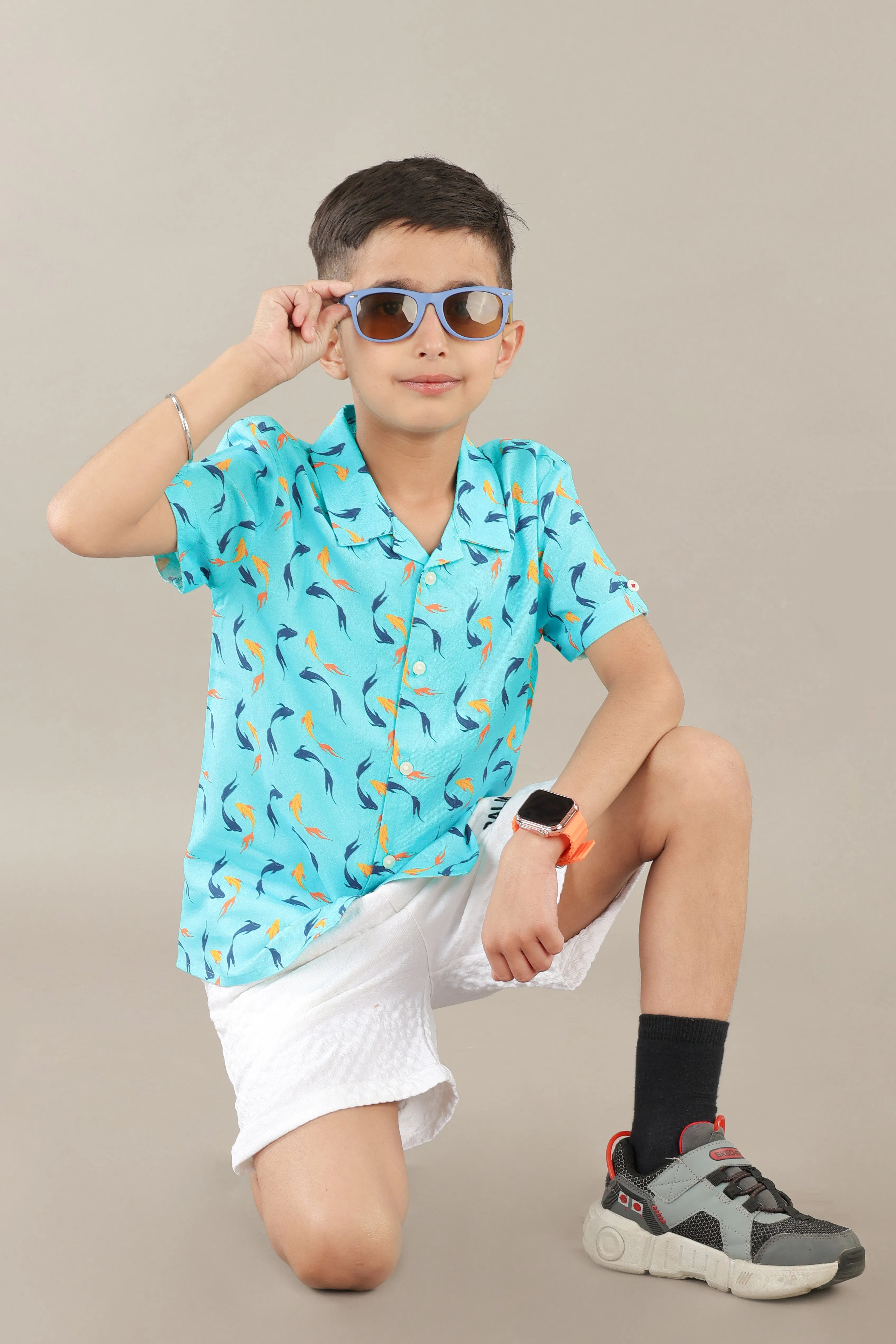 Boys Nishikigoi Fish Printed Shirt Turquoise Blue