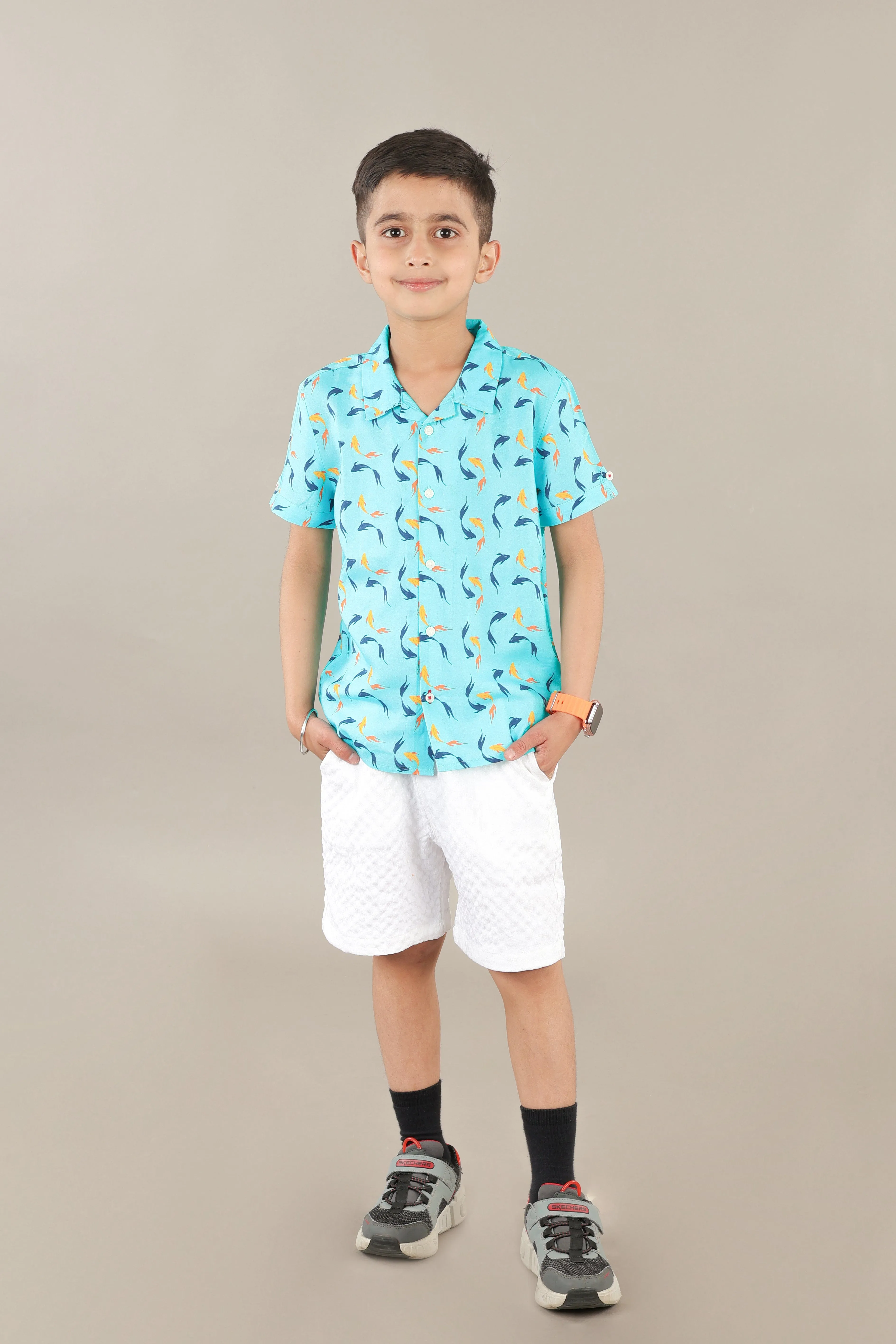 Boys Nishikigoi Fish Printed Shirt Turquoise Blue