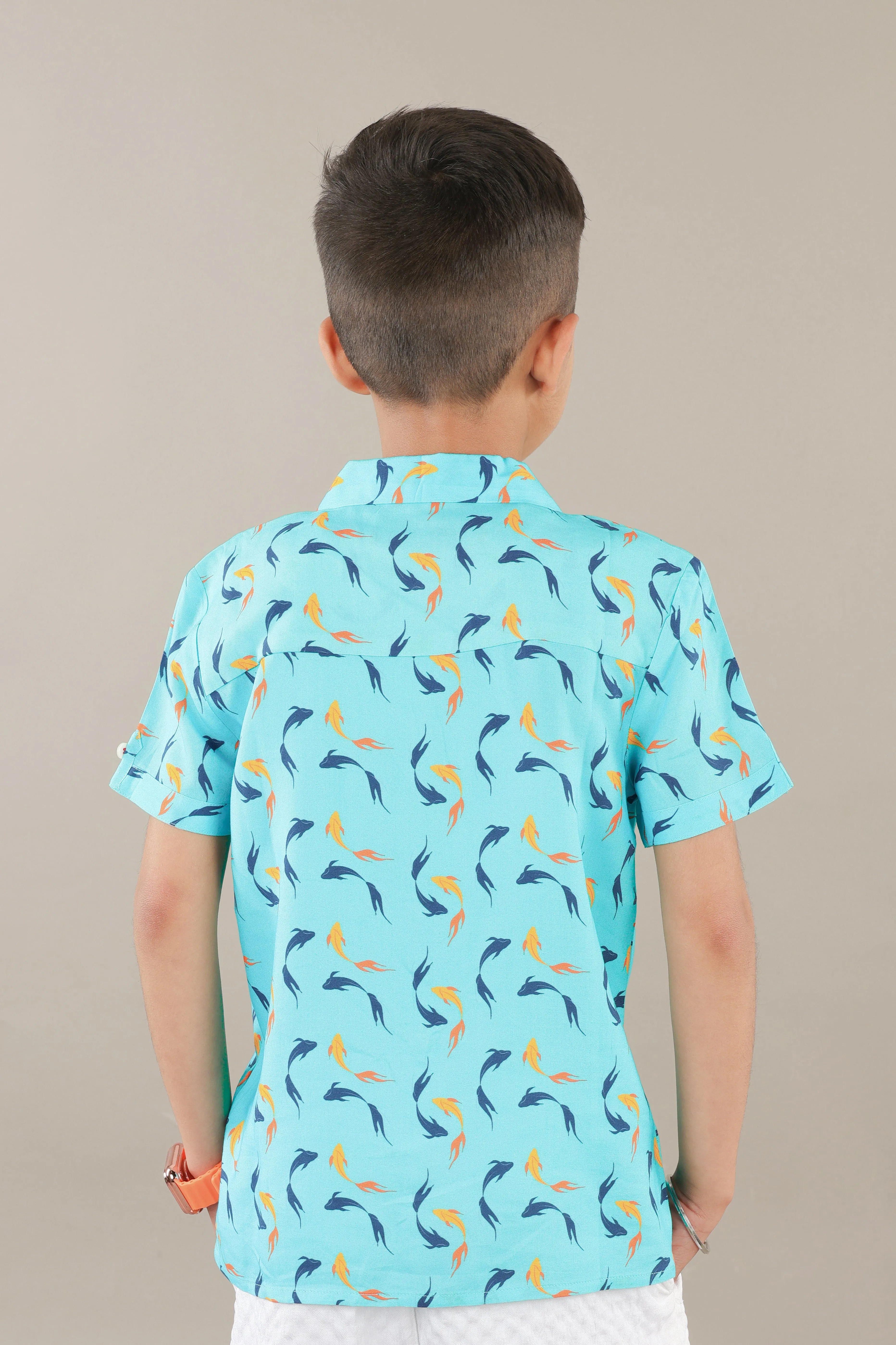 Boys Nishikigoi Fish Printed Shirt Turquoise Blue