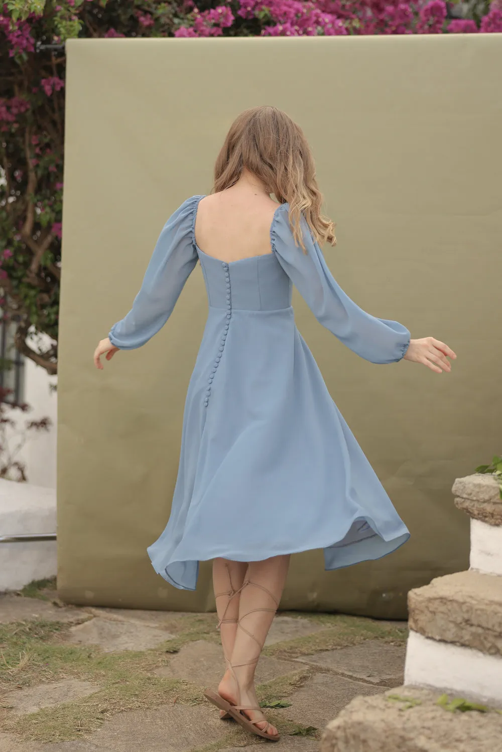 BRIA Full Sleeve Chiffon Midi Dress with  Covered Button Back Detail (Serenity Blue Chiffon)