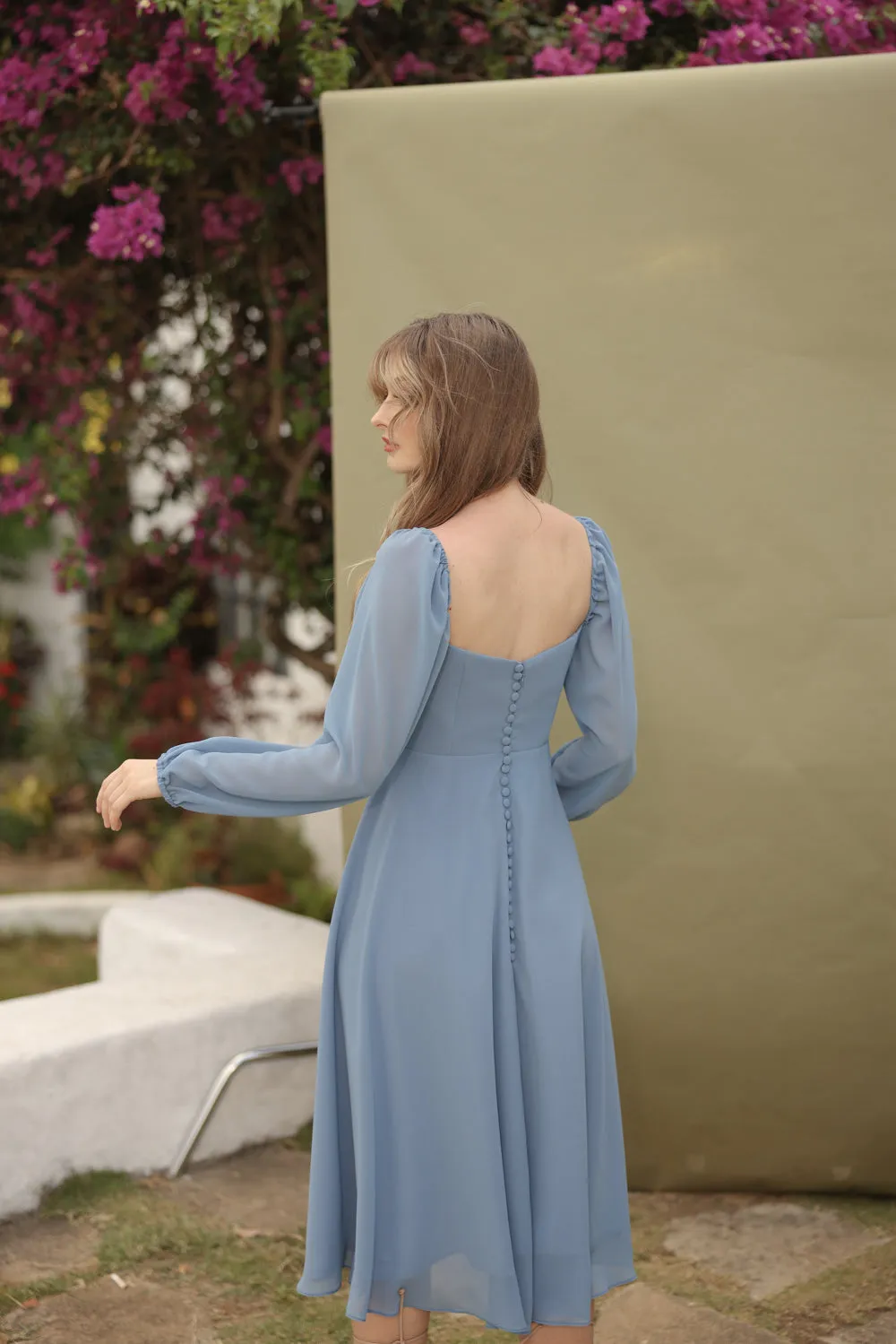 BRIA Full Sleeve Chiffon Midi Dress with  Covered Button Back Detail (Serenity Blue Chiffon)