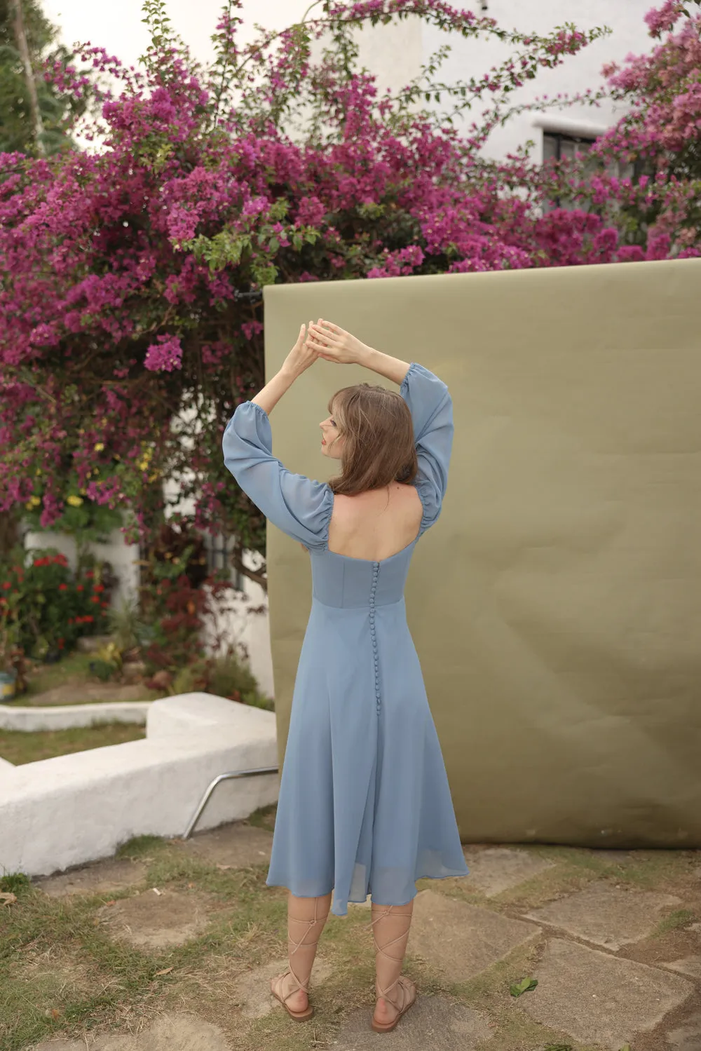 BRIA Full Sleeve Chiffon Midi Dress with  Covered Button Back Detail (Serenity Blue Chiffon)