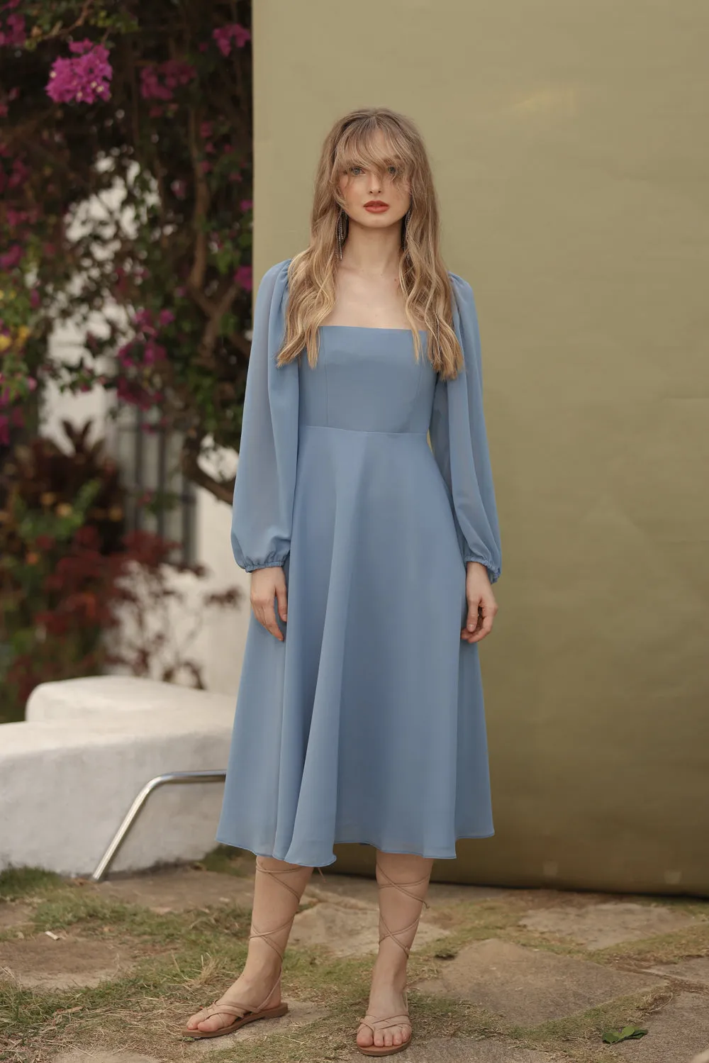 BRIA Full Sleeve Chiffon Midi Dress with  Covered Button Back Detail (Serenity Blue Chiffon)