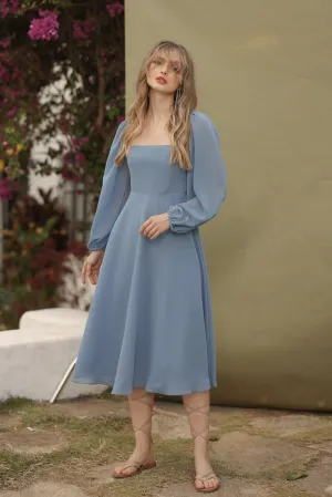 BRIA Full Sleeve Chiffon Midi Dress with  Covered Button Back Detail (Serenity Blue Chiffon)