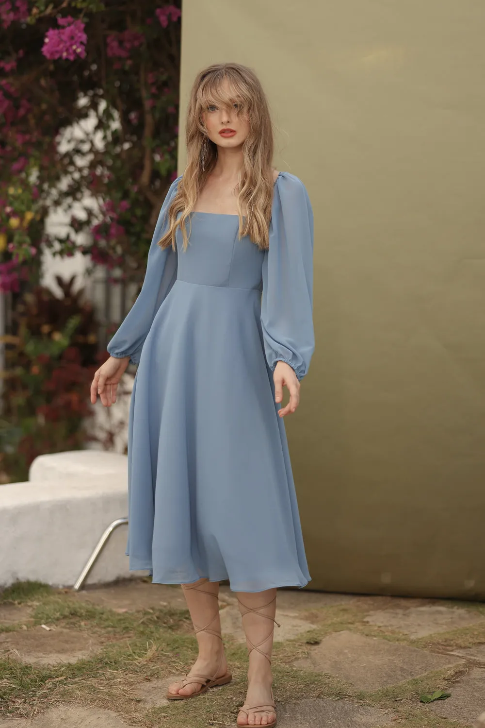 BRIA Full Sleeve Chiffon Midi Dress with  Covered Button Back Detail (Serenity Blue Chiffon)