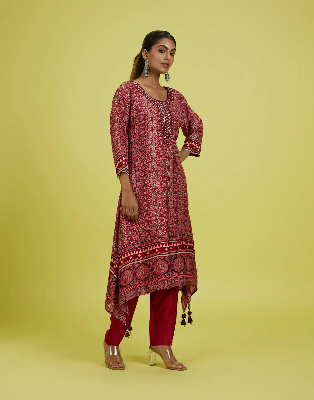 Brick Red Ethnic Print Kurta Set