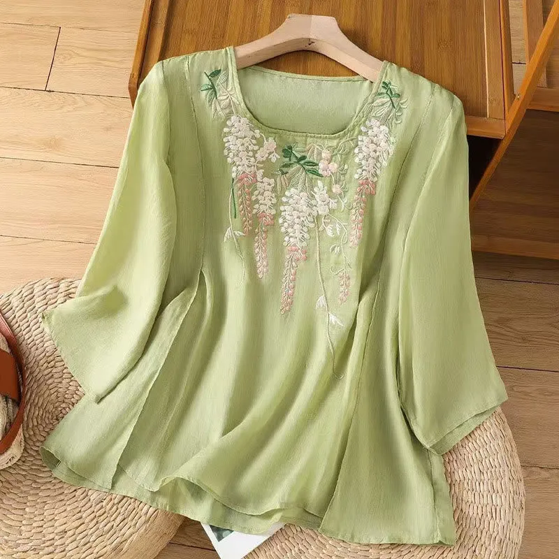 Buddha Stones Casual Embroidered Floral Pattern Women's Crew Neck Design Three-quarter Sleeve Cotton Linen T-shirt