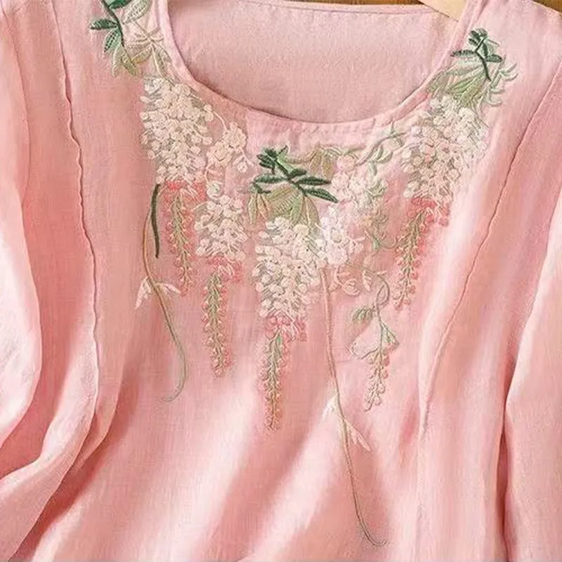 Buddha Stones Casual Embroidered Floral Pattern Women's Crew Neck Design Three-quarter Sleeve Cotton Linen T-shirt